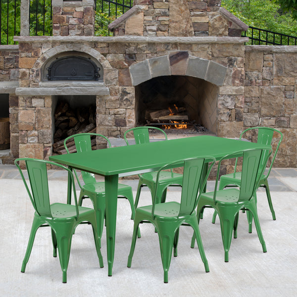 Commercial Grade 31.5" x 63" Rectangular Green Metal Indoor-Outdoor Table Set with 6 Stack Chairs