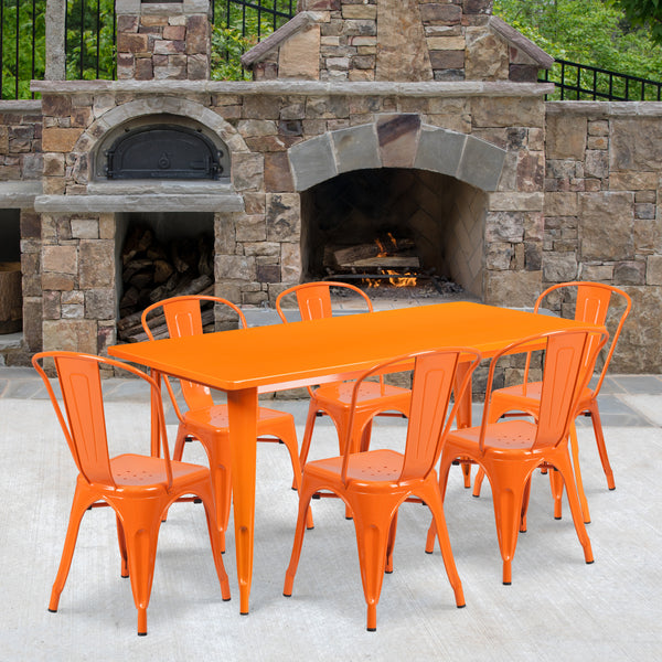 Commercial Grade 31.5" x 63" Rectangular Orange Metal Indoor-Outdoor Table Set with 6 Stack Chairs
