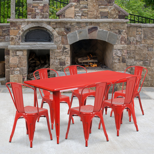 Commercial Grade 31.5" x 63" Rectangular Red Metal Indoor-Outdoor Table Set with 6 Stack Chairs