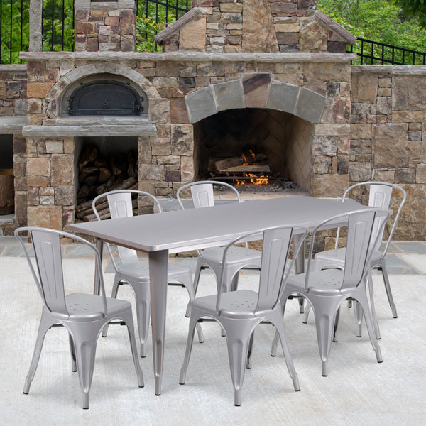 Commercial Grade 31.5" x 63" Rectangular Silver Metal Indoor-Outdoor Table Set with 6 Stack Chairs