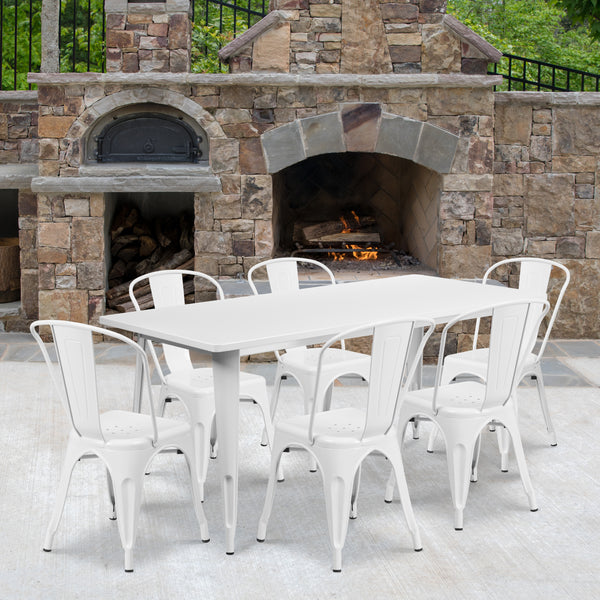 Commercial Grade 31.5" x 63" Rectangular White Metal Indoor-Outdoor Table Set with 6 Stack Chairs