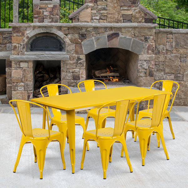 Commercial Grade 31.5" x 63" Rectangular Yellow Metal Indoor-Outdoor Table Set with 6 Stack Chairs
