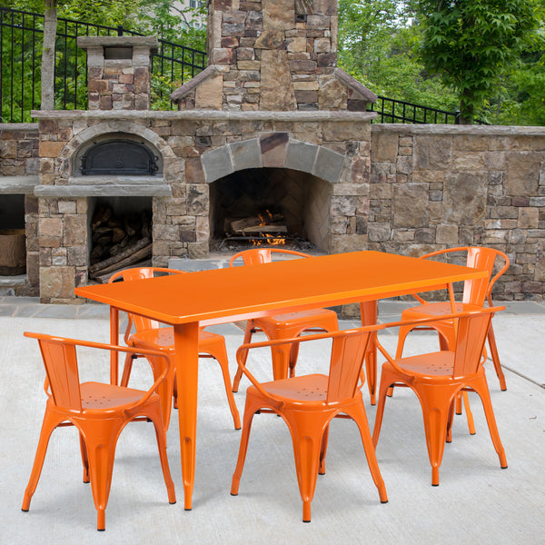 Commercial Grade 31.5" x 63" Rectangular Orange Metal Indoor-Outdoor Table Set with 6 Arm Chairs