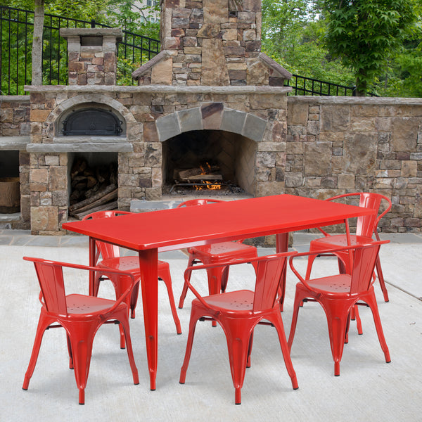 Commercial Grade 31.5" x 63" Rectangular Red Metal Indoor-Outdoor Table Set with 6 Arm Chairs