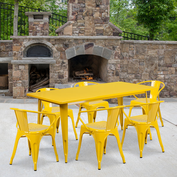 Commercial Grade 31.5" x 63" Rectangular Yellow Metal Indoor-Outdoor Table Set with 6 Arm Chairs