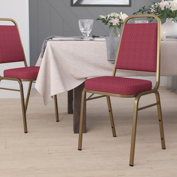 SINGLEWAVE Series Trapezoidal Back Stacking Banquet Chair in Burgundy Patterned Fabric - Gold Frame