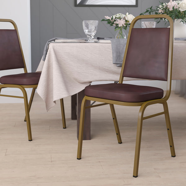 SINGLEWAVE Series Trapezoidal Back Stacking Banquet Chair in Brown Vinyl - Gold Frame