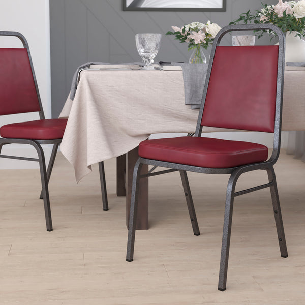 SINGLEWAVE Series Trapezoidal Back Stacking Banquet Chair in Burgundy Vinyl - Silver Vein Frame