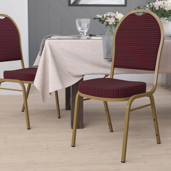SINGLEWAVE Series Dome Back Stacking Banquet Chair in Burgundy Patterned Fabric - Gold Frame