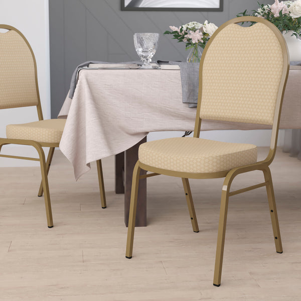 SINGLEWAVE Series Dome Back Stacking Banquet Chair in Beige Patterned Fabric - Gold Frame