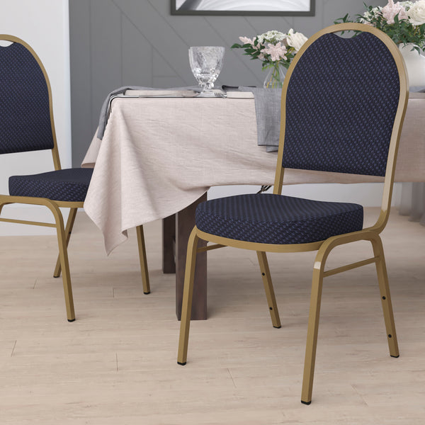 SINGLEWAVE Series Dome Back Stacking Banquet Chair in Navy Patterned Fabric - Gold Frame