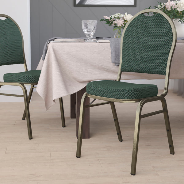 SINGLEWAVE Series Dome Back Stacking Banquet Chair in Green Patterned Fabric - Gold Vein Frame