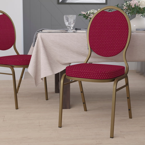 SINGLEWAVE Series Teardrop Back Stacking Banquet Chair in Burgundy Patterned Fabric - Gold Frame