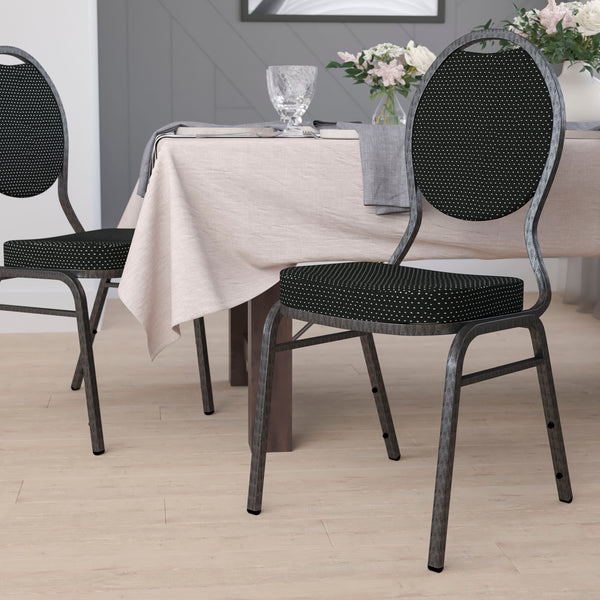 SINGLEWAVE Series Teardrop Back Stacking Banquet Chair in Black Patterned Fabric - Silver Vein Frame