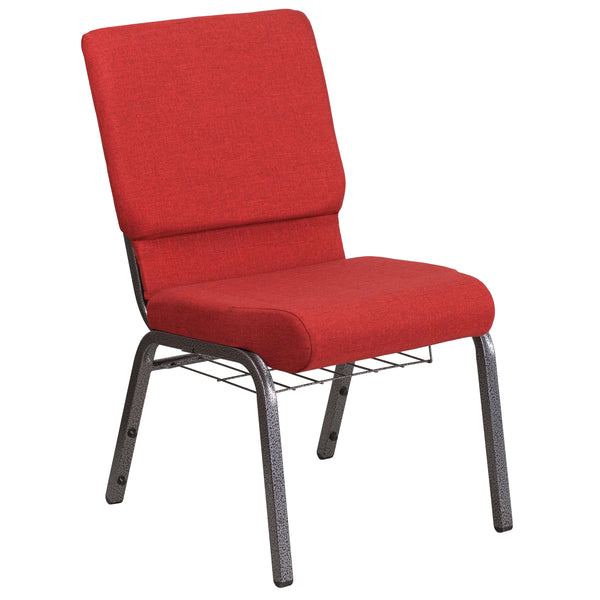 SINGLEWAVE Series 18.5''W Church Chair in Red Fabric with Cup Book Rack - Silver Vein Frame