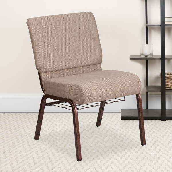 SINGLEWAVE Series 21''W Church Chair in Beige Fabric with Book Rack - Copper Vein Frame