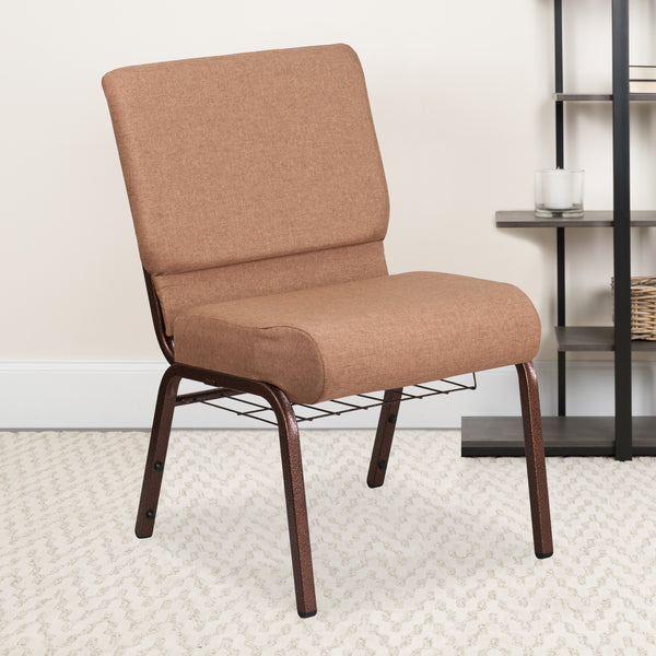 SINGLEWAVE Series 21''W Church Chair in Caramel Fabric with Cup Book Rack - Copper Vein Frame