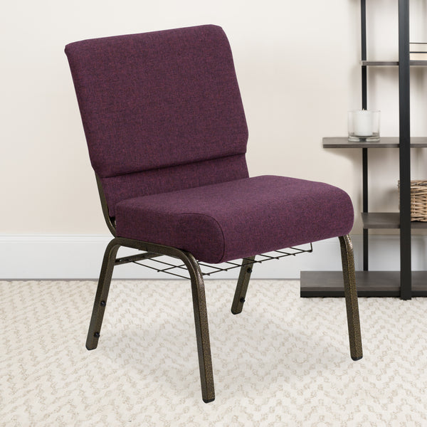 SINGLEWAVE Series 21''W Church Chair in Plum Fabric with Cup Book Rack - Gold Vein Frame