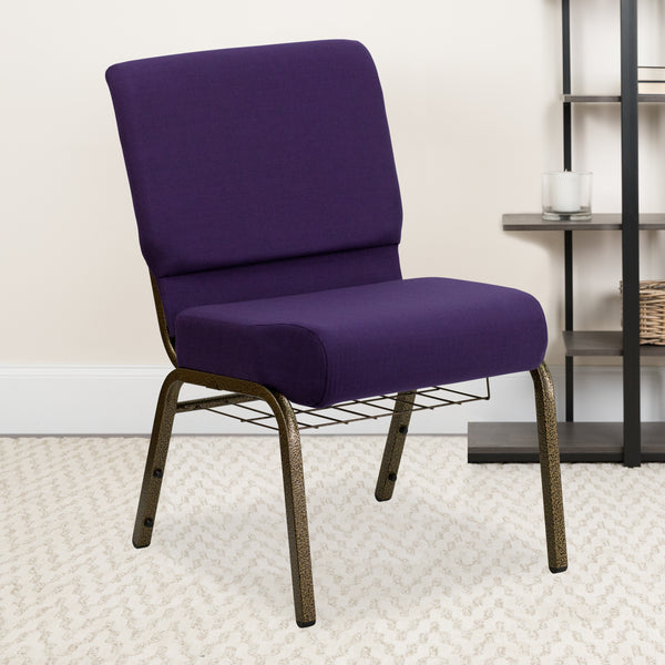 SINGLEWAVE Series 21''W Church Chair in Royal Purple Fabric with Cup Book Rack - Gold Vein Frame