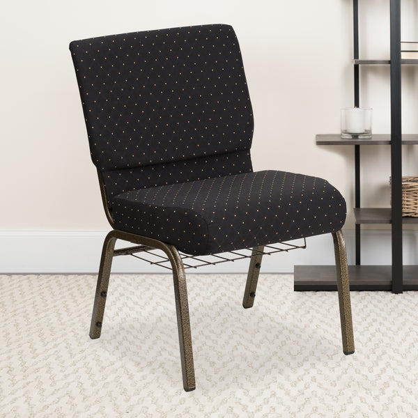 SINGLEWAVE Series 21''W Church Chair in Black Dot Patterned Fabric with Cup Book Rack - Gold Vein Frame