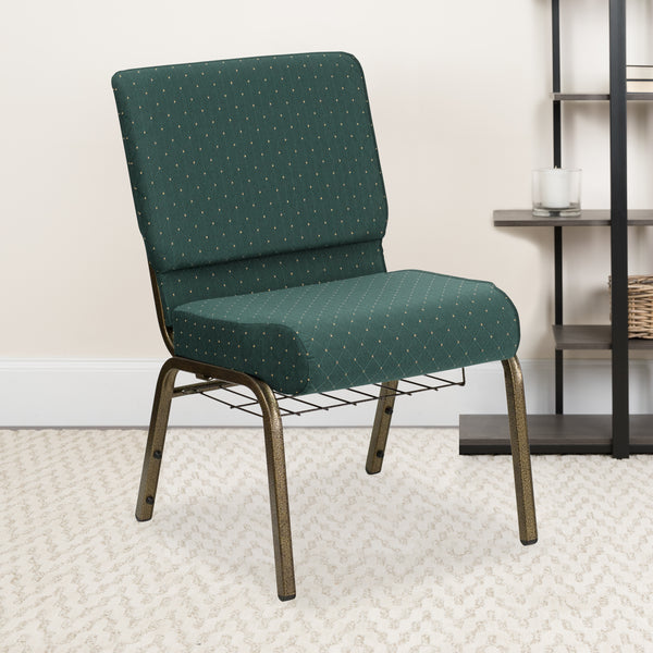 SINGLEWAVE Series 21''W Church Chair in Hunter Green Dot Patterned Fabric with Book Rack - Gold Vein Frame