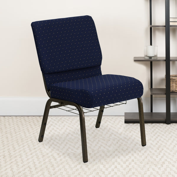 SINGLEWAVE Series 21''W Church Chair in Navy Blue Dot Patterned Fabric with Book Rack - Gold Vein Frame