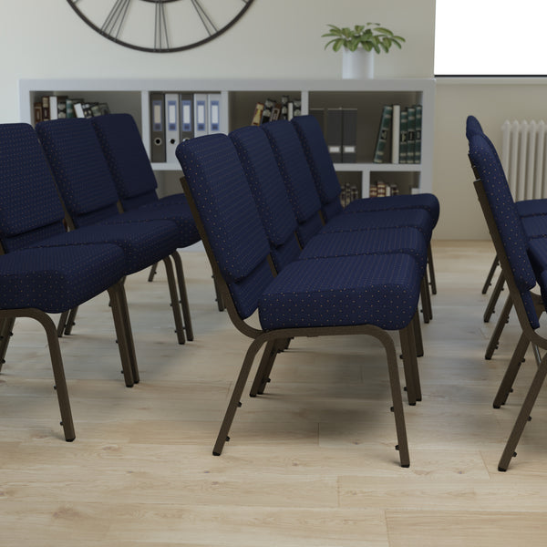 SINGLEWAVE Series 21''W Stacking Church Chair in Navy Blue Dot Patterned Fabric - Gold Vein Frame