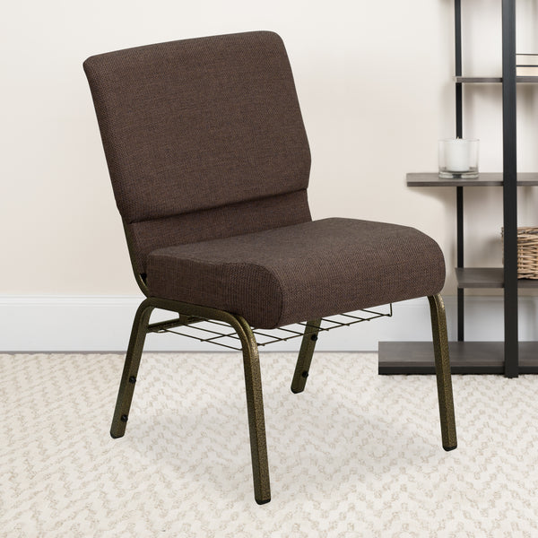 SINGLEWAVE Series 21''W Church Chair in Brown Fabric with Cup Book Rack - Gold Vein Frame