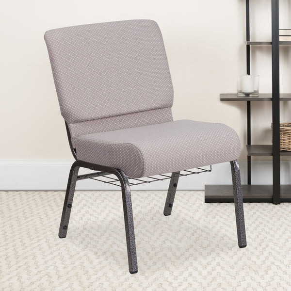 SINGLEWAVE Series 21''W Church Chair in Gray Dot Fabric with Book Rack - Silver Vein Frame