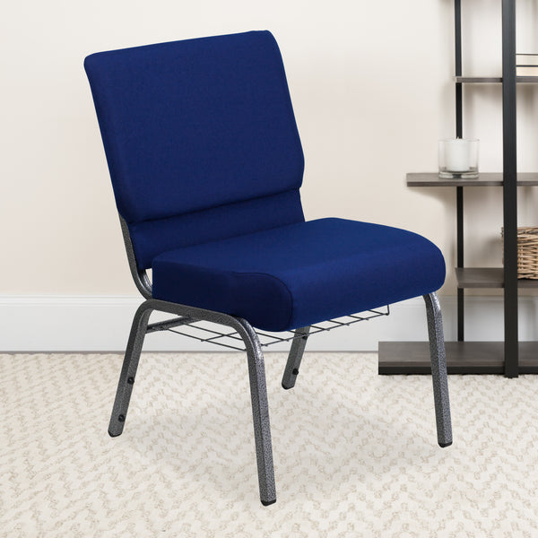 SINGLEWAVE Series 21''W Church Chair in Navy Blue Fabric with Cup Book Rack - Silver Vein Frame