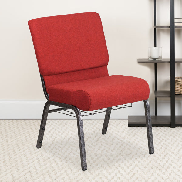 SINGLEWAVE Series 21''W Church Chair in Crimson Fabric with Cup Book Rack - Silver Vein Frame