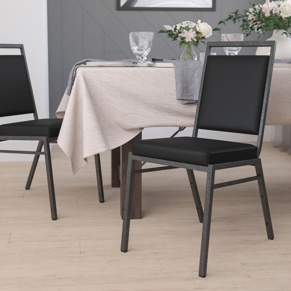SINGLEWAVE Series Square Back Stacking Banquet Chair in Black Vinyl with Silvervein Frame