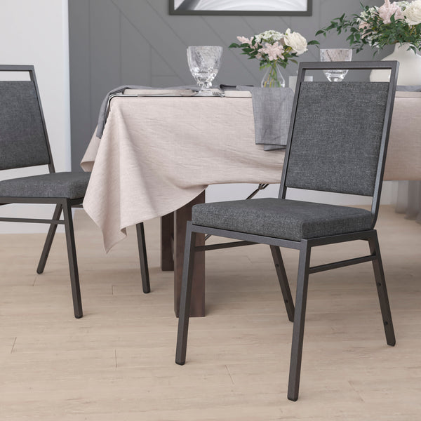 SINGLEWAVE Series Square Back Stacking Banquet Chair in Dark Gray Fabric with Silvervein Frame