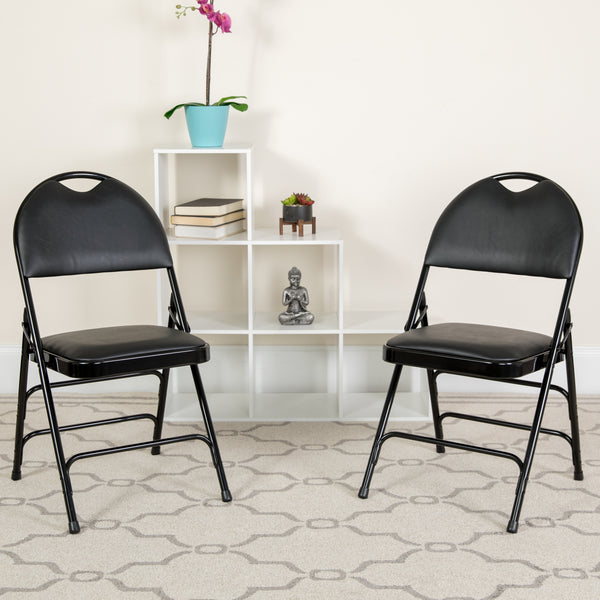 SINGLEWAVE Series Ultra-Premium Triple Braced Black Vinyl Metal Folding Chair with Easy-Carry Handle