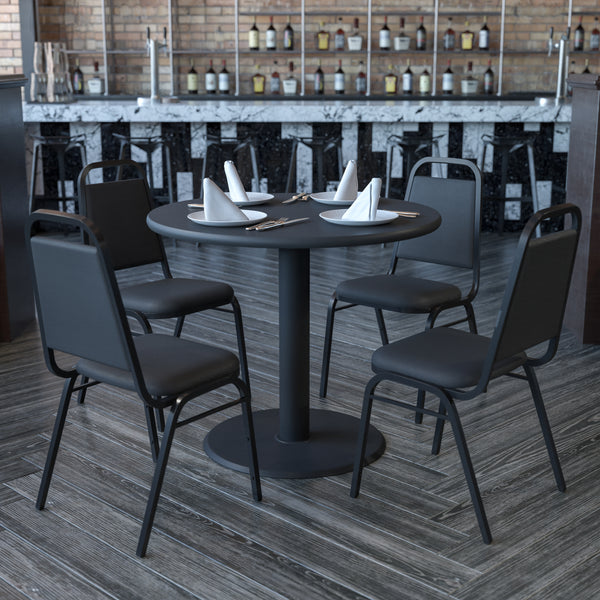 36'' Round Black Laminate Table Set with X-Base and 4 Black Trapezoidal Back Banquet Chairs