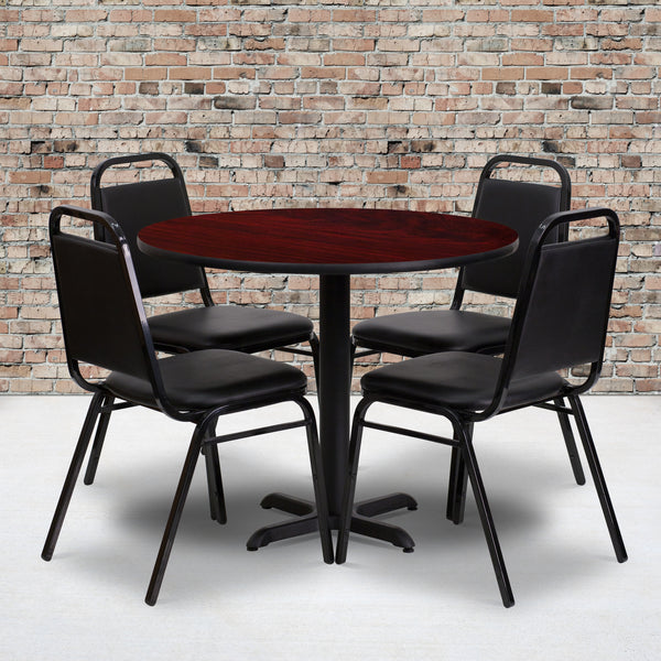 36'' Round Mahogany Laminate Table Set with X-Base and 4 Black Trapezoidal Back Banquet Chairs