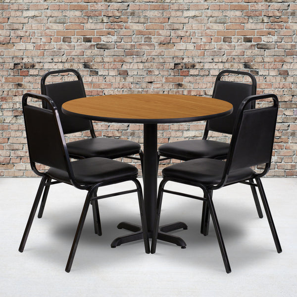 36'' Round Natural Laminate Table Set with X-Base and 4 Black Trapezoidal Back Banquet Chairs