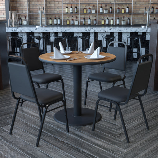 36'' Round Walnut Laminate Table Set with X-Base and 4 Black Trapezoidal Back Banquet Chairs