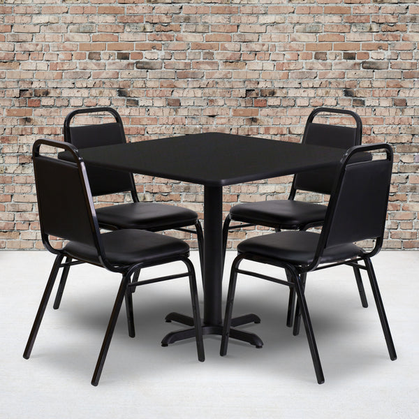36'' Square Black Laminate Table Set with X-Base and 4 Black Trapezoidal Back Banquet Chairs