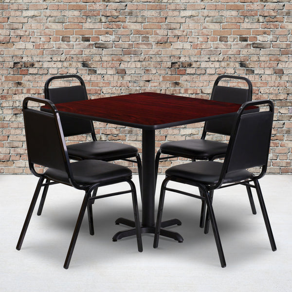 36'' Square Mahogany Laminate Table Set with X-Base and 4 Black Trapezoidal Back Banquet Chairs