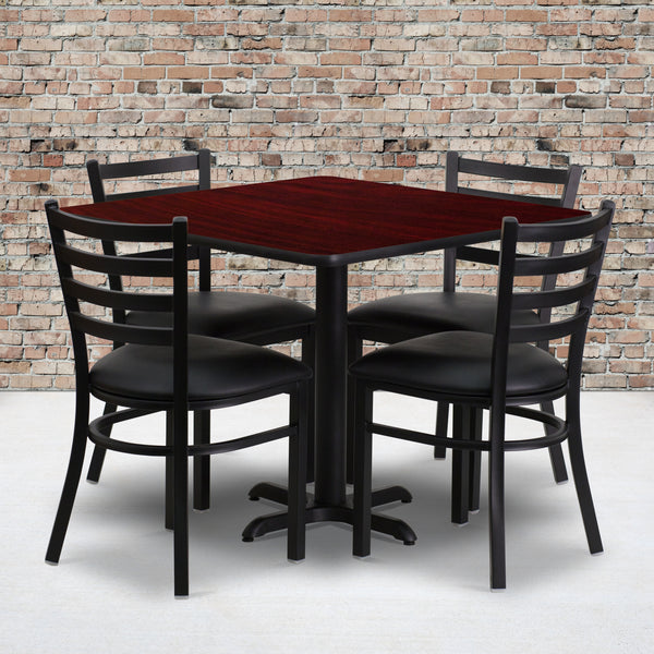 36'' Square Mahogany Laminate Table Set with X-Base and 4 Ladder Back Metal Chairs - Black Vinyl Seat