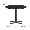 36'' Round Black Laminate Table Set with X-Base and 4 Ladder Back Metal Chairs - Black Vinyl Seat