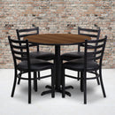 36'' Round Walnut Laminate Table Set with X-Base and 4 Ladder Back Metal Chairs - Black Vinyl Seat