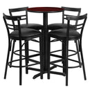 24'' Round Mahogany Laminate Table Set with X-Base and 4 Two-Slat Ladder Back Metal Barstools - Black Vinyl Seat