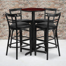 24'' Round Mahogany Laminate Table Set with X-Base and 4 Two-Slat Ladder Back Metal Barstools - Black Vinyl Seat