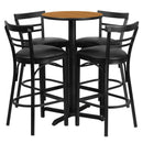 24'' Round Natural Laminate Table Set with X-Base and 4 Two-Slat Ladder Back Metal Barstools - Black Vinyl Seat