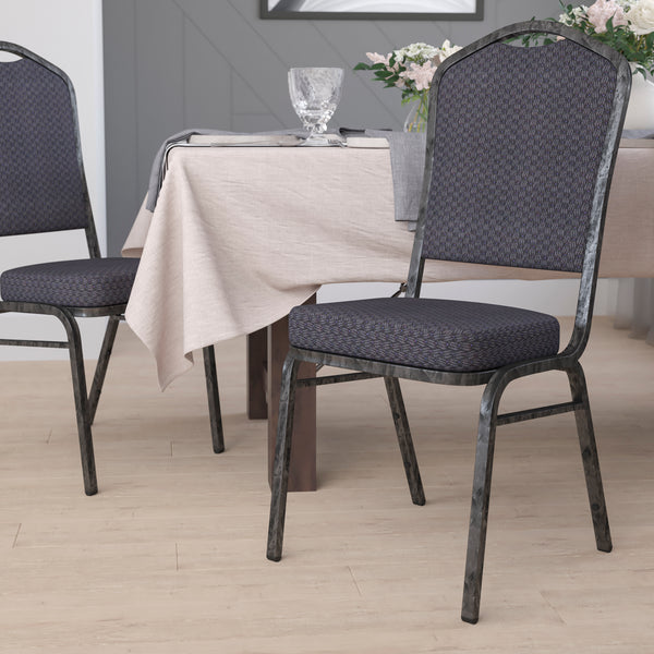 SINGLEWAVE Series Crown Back Stacking Banquet Chair in Black Patterned Fabric - Silver Vein Frame