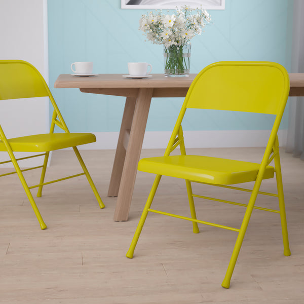 SINGLEWAVE COLORBURST Series Twisted Citron Triple Braced & Double Hinged Metal Folding Chair