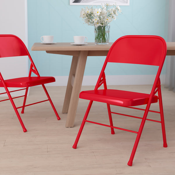 SINGLEWAVE Series Triple Braced & Double Hinged Red Metal Folding Chair