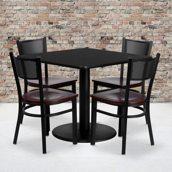 36'' Square Black Laminate Table Set with 4 Grid Back Metal Chairs - Mahogany Wood Seat